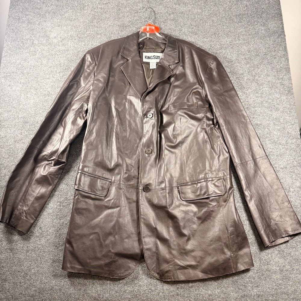 King Size Leather Jacket Mens 2XL Tall Brown 3 Button Blazer Coat Heavyweight